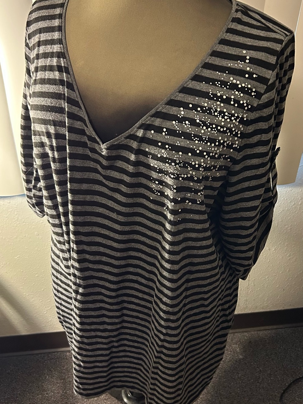 Lane Bryant Black & Gray Striped V‑Neck Tunic with rhinestones